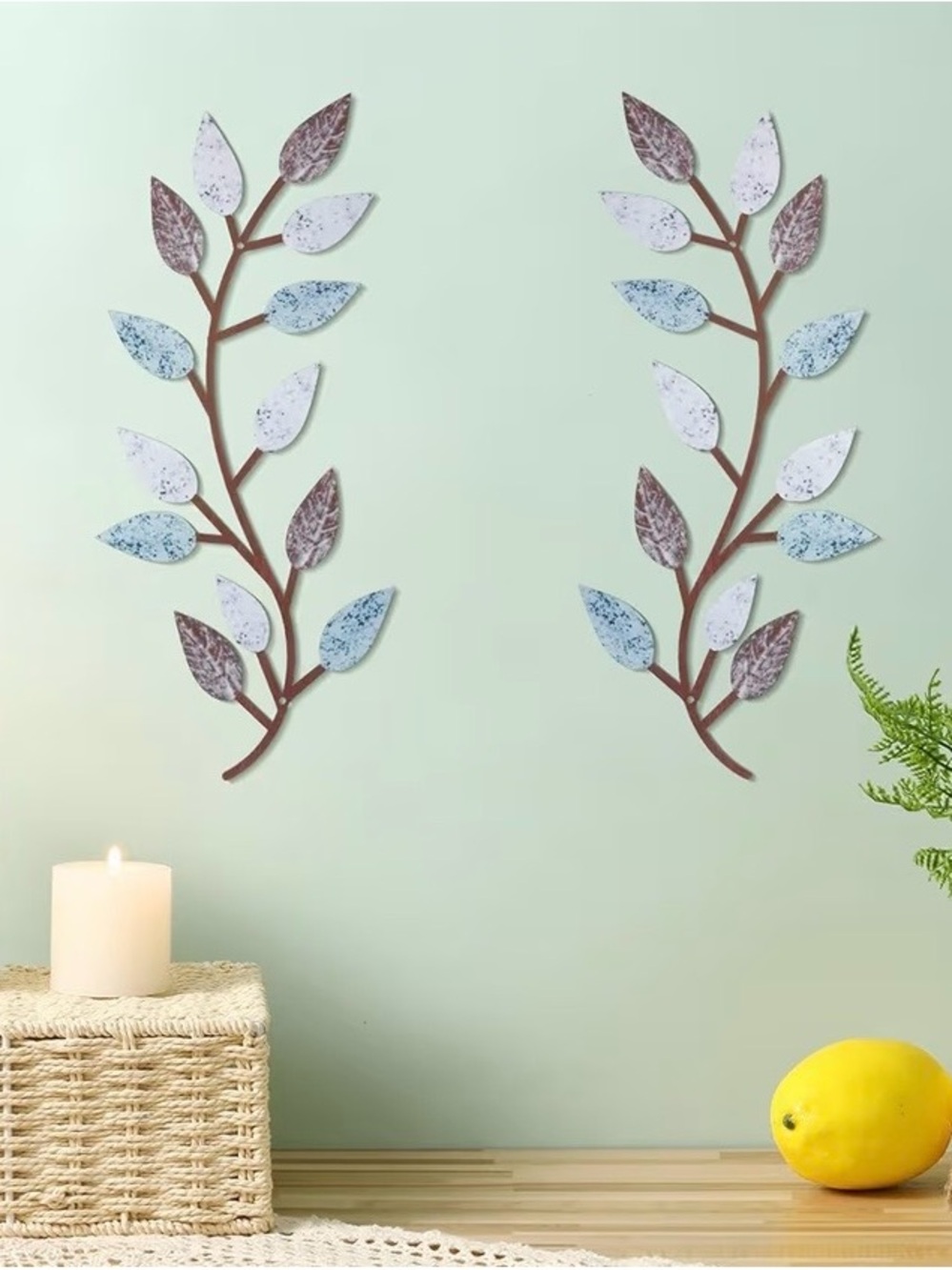 Decorative Metal Leaf Wall Art - Blue & Brown Branch Set